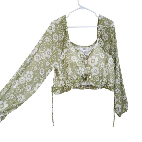 Madden NYC Brami Built in Bra Green Floral Blouse Cropped Ruched Tie Front 3XL - Picture 1 of 10